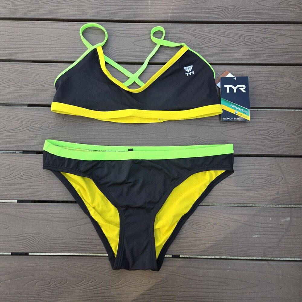 TYR Womens Durafast Solid Crosscutfit Black/neon Workout Bikini Set Size S NEW